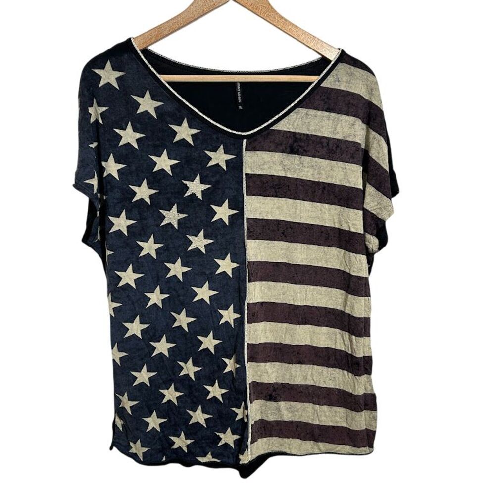 Skinny Minnie Patriotic Girl American Flag Shirt XL V Neck Stretch Rhinestone